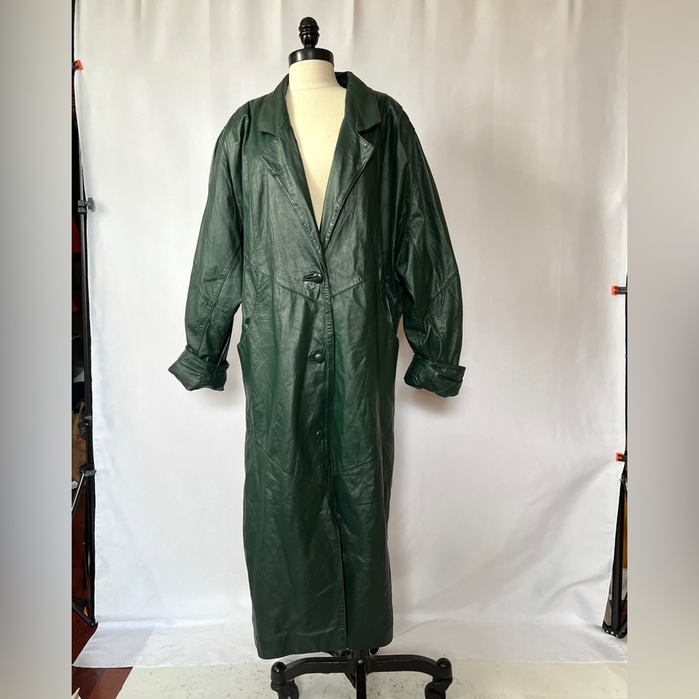 VTG Maurice’s Green Leather Oversized Button Down Trench Jacket Pleated 90s